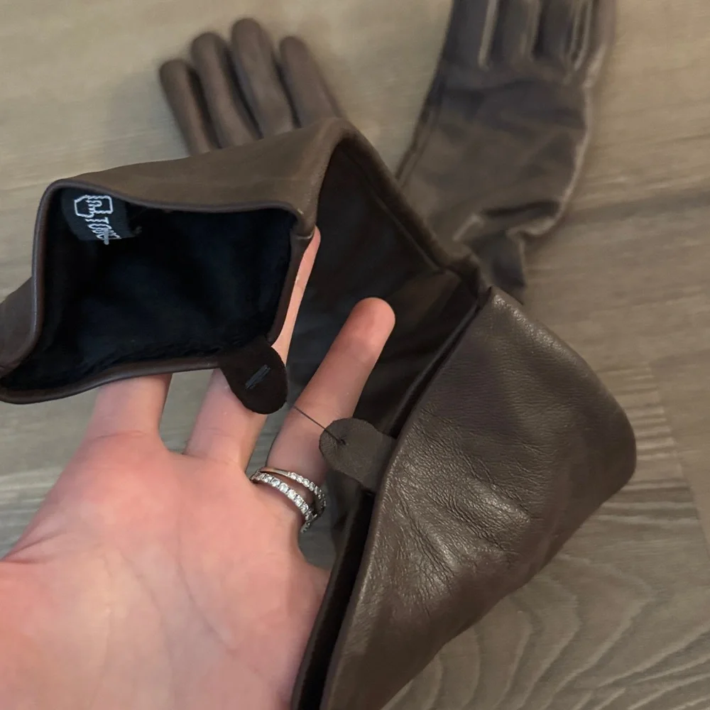 NWT brown calf leather elbow length fleece lined gloves
